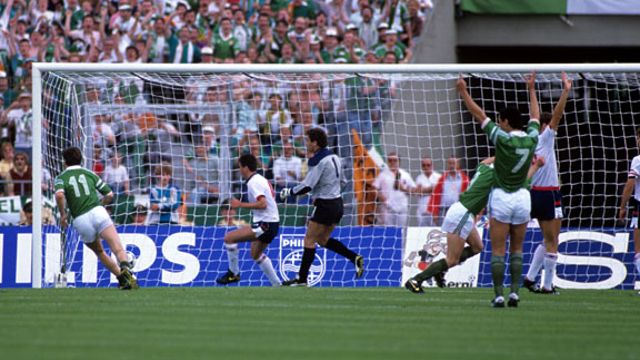 Ray Houghton wheels away after scoring Ireland's winning goal against England at Euro '88
